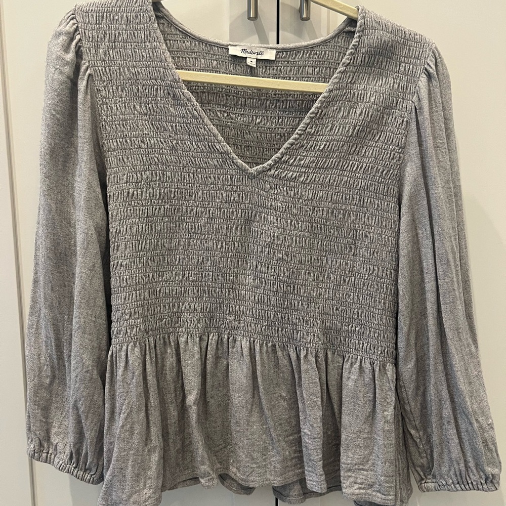 Madewell Gray Smocked V-Neck Top